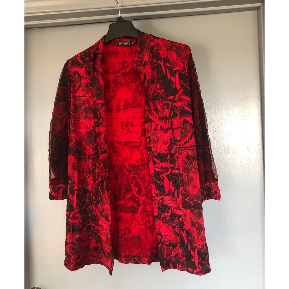 Picadilly Fashions womens open red black cardigan 3/4 lined lace sleeves Medium